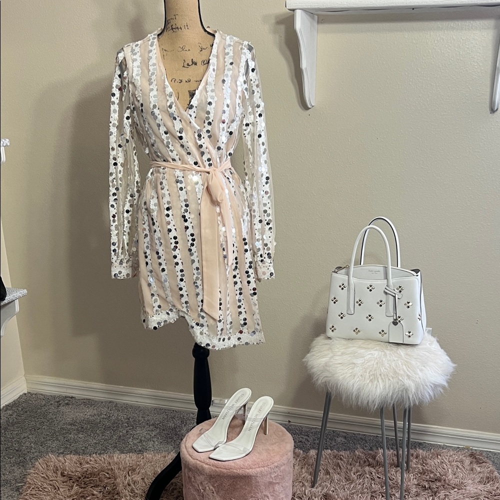 Elegant White and blush sequined wrap Dress